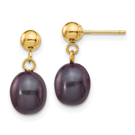 14k 7-8mm Black Rice Freshwater Cultured Pearl Dangle Post Earrings ,