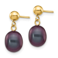 14k 7-8mm Black Rice Freshwater Cultured Pearl Dangle Post Earrings ,