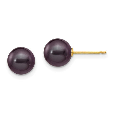 14k 7-8mm Black Round Freshwater Cultured Pearl Stud Post Earrings ,