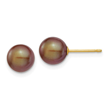 14k 7-8mm Coffee Round Freshwater Cultured Pearl Stud Post Earrings ,