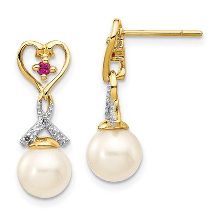 14k 7-8mm FWC Pearl Created Ruby Diamond Heart Dangle Earrings ,