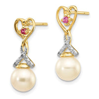 14k 7-8mm FWC Pearl Created Ruby Diamond Heart Dangle Earrings ,