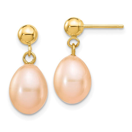 14k 7-8mm Pink Rice Freshwater Cultured Pearl Dangle Post Earrings ,