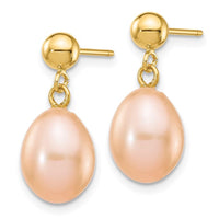 14k 7-8mm Pink Rice Freshwater Cultured Pearl Dangle Post Earrings ,