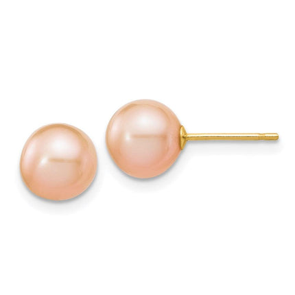 14k 7-8mm Pink Round Freshwater Cultured Pearl Stud Post Earrings ,