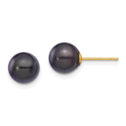 14k 7-8mm Round Black Saltwater Akoya Cultured Pearl Stud Post Earrings ,