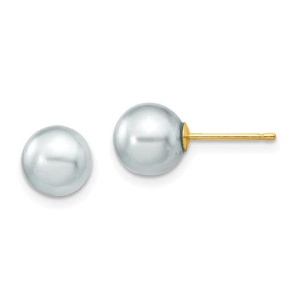 14k 7-8mm Round Grey Saltwater Akoya Cultured Pearl Stud Post Earrings ,