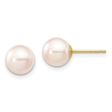 14k 7-8mm Round White Saltwater Akoya Cultured Pearl Stud Post Earrings ,