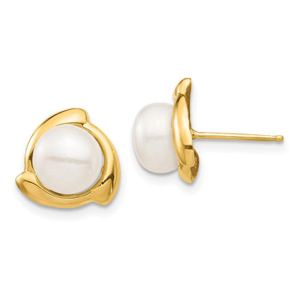 14K 7-8mm White Button Freshwater Cultured Pearl Post Earrings ,