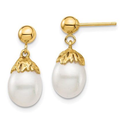 14K 7-8mm White Rice Freshwater Cultured Pearl Dangle Post Earrings ,