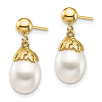 14K 7-8mm White Rice Freshwater Cultured Pearl Dangle Post Earrings ,