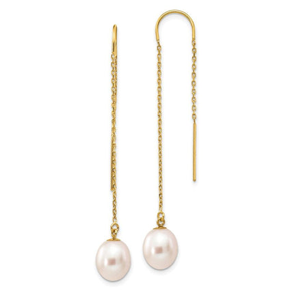 14k 7-8mm White Rice Freshwater Cultured Pearl Dangle Threader Earrings ,