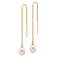 14k 7-8mm White Rice Freshwater Cultured Pearl Dangle Threader Earrings ,