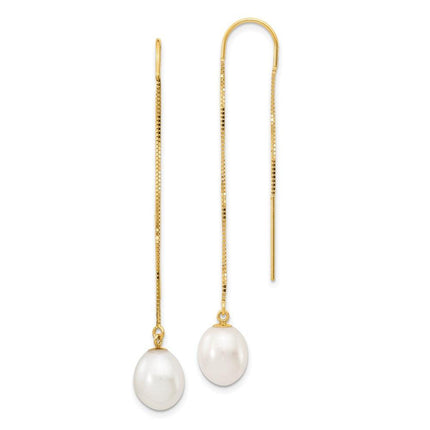 14k 7-8mm White Rice FW Cultured Pearl Box Chain Threader Earrings ,