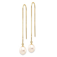 14k 7-8mm White Rice FW Cultured Pearl Box Chain Threader Earrings ,