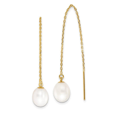 14k 7-8mm White Rice FW Cultured Pearl Cable Chain Threader Earrings ,
