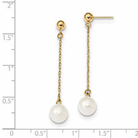 14k 7-8mm White Round Freshwater Cultured Pearl Dangle Post Earrings ,