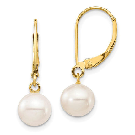 14K 7-8mm White Round Freshwater Cultured Pearl Leverback Earrings ,