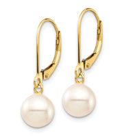 14K 7-8mm White Round Freshwater Cultured Pearl Leverback Earrings ,