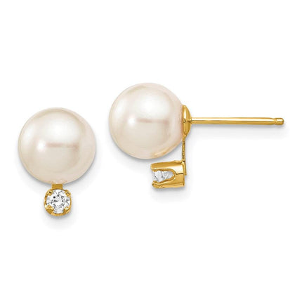 14k 7-8mm White Round Saltwater Akoya Cultured Pearl Diamond Post Earrings ,