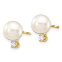 14k 7-8mm White Round Saltwater Akoya Cultured Pearl Diamond Post Earrings ,