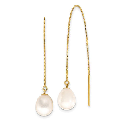 14k 7-8mm White Teardrop FW Cultured Pearl Box Chain Threader Earrings ,