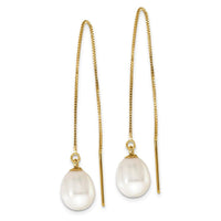 14k 7-8mm White Teardrop FW Cultured Pearl Box Chain Threader Earrings ,