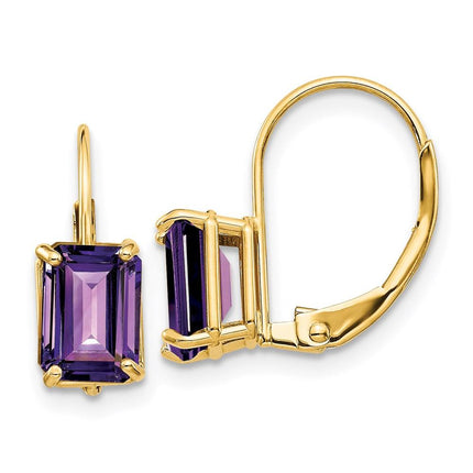 14k 7x5mm Emerald Cut Amethyst Leverback Earrings ,