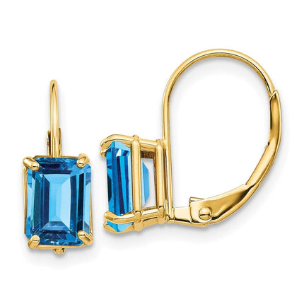 14k 7x5mm Emerald Cut Blue Topaz Leverback Earrings ,
