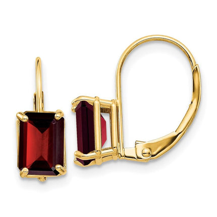14k 7x5mm Emerald Cut Garnet Leverback Earrings ,