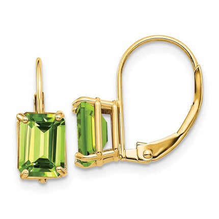 14k 7x5mm Emerald Cut Peridot Leverback Earrings ,