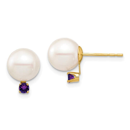14K 8-8.5mm White Round Freshwater Cultured Pearl Amethyst Post Earrings ,