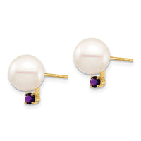 14K 8-8.5mm White Round Freshwater Cultured Pearl Amethyst Post Earrings ,