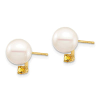14K 8-8.5mm White Round Freshwater Cultured Pearl Citrine Post Earrings ,