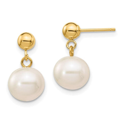 14k 8-8.5mm White Round Freshwater Cultured Pearl Dangle Post Earrings ,
