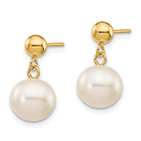14k 8-8.5mm White Round Freshwater Cultured Pearl Dangle Post Earrings ,
