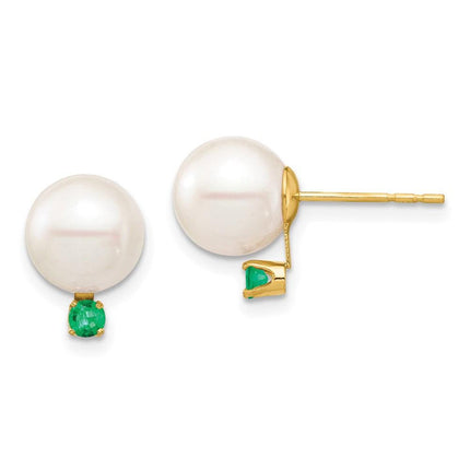 14K 8-8.5mm White Round Freshwater Cultured Pearl Emerald Post Earrings ,