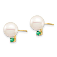 14K 8-8.5mm White Round Freshwater Cultured Pearl Emerald Post Earrings ,