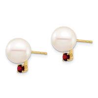 14K 8-8.5mm White Round Freshwater Cultured Pearl Garnet Post Earrings ,