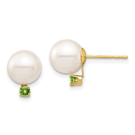 14K 8-8.5mm White Round Freshwater Cultured Pearl Peridot Post Earrings ,