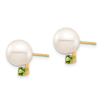 14K 8-8.5mm White Round Freshwater Cultured Pearl Peridot Post Earrings ,