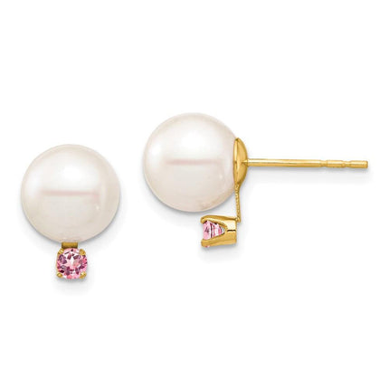 14K 8-8.5mm White Round Freshwater Cultured Pearl Pink Topaz Post Earrings ,