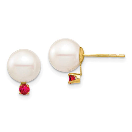 14K 8-8.5mm White Round Freshwater Cultured Pearl Ruby Post Earrings ,