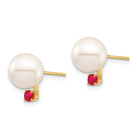 14K 8-8.5mm White Round Freshwater Cultured Pearl Ruby Post Earrings ,