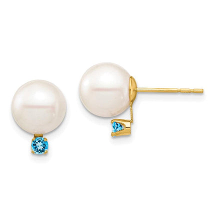 14K 8-8.5mm White Round FW Cultured Pearl Swiss Blue Topaz Post Earrings ,