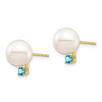 14K 8-8.5mm White Round FW Cultured Pearl Swiss Blue Topaz Post Earrings ,