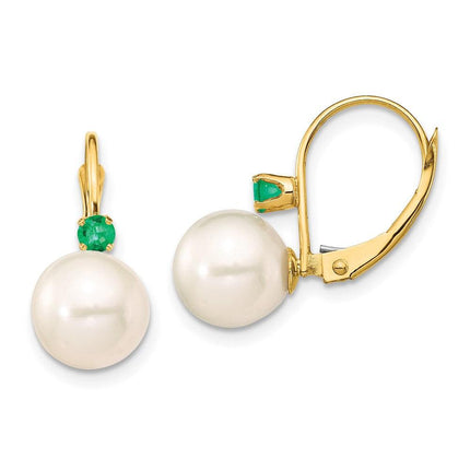 14K 8-8.5mm White Round FWC Pearl Emerald Leverback Earrings ,