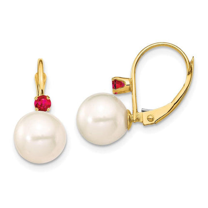 14K 8-8.5mm White Round FWC Pearl Ruby Leverback Earrings ,
