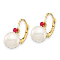 14K 8-8.5mm White Round FWC Pearl Ruby Leverback Earrings ,