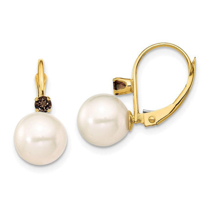 14K 8-8.5mm White Round FWC Pearl Smokey Quartz Leverback Earrings ,